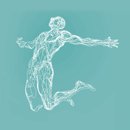Jumping man, colored lines drawing, vector illustration.